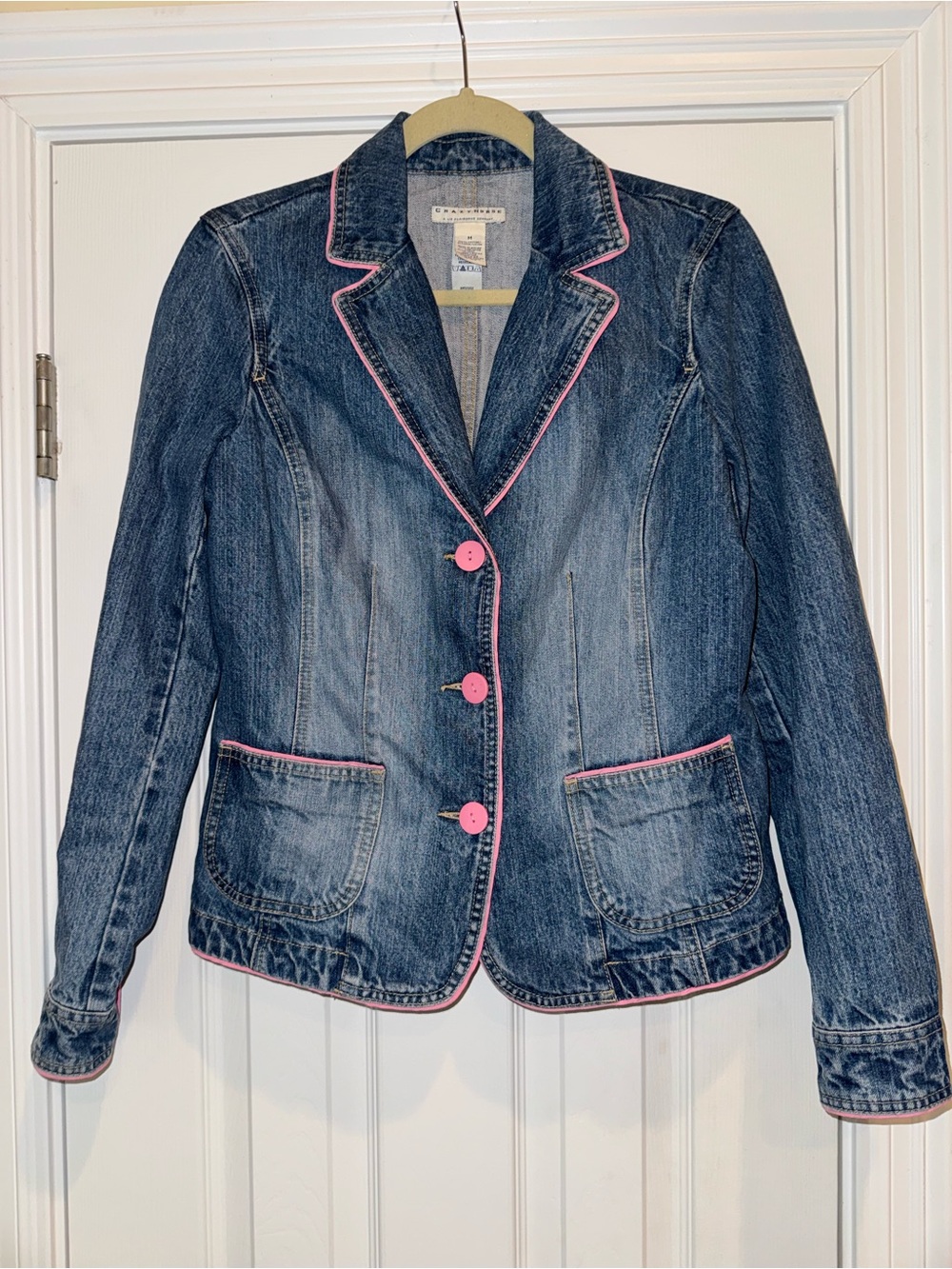 Crazy Horse Denim Blazer Jean Jacket Pink Trim Button Front Medium Y2K - Picture 2 of 10